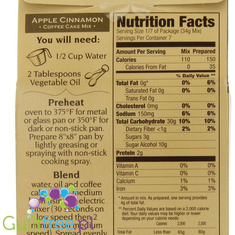 Sans Sucre No Sugar Added Apple Cinnamon Coffee Cake Mix with Stevia - Mixture for baking cakes flavored with vanilla butter-dri