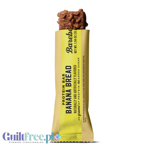 Baton proteinowy Guiltfree Barebells Banana Bread w żółtym opakowaniu z widoczną czekoladową polewą z orzeszkami