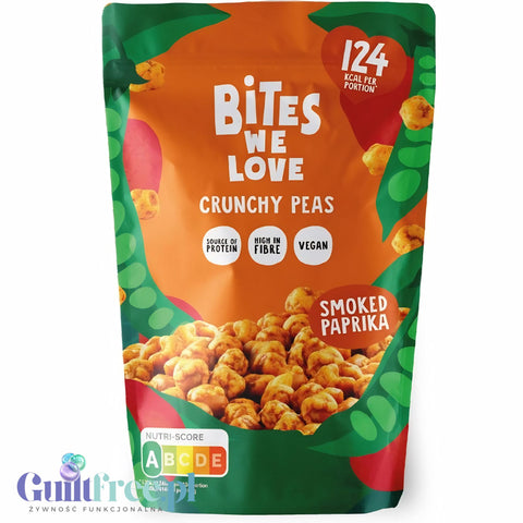 Bites We Love Crunchy Peas Smoked Paprika 100g - chrupiący groszek z wędzoną papryką wegańska przekąska z białkiem i błonnikiem