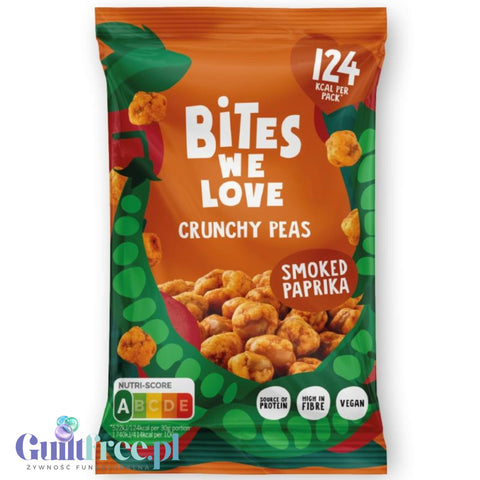Bites We Love Crunchy Peas Smoked Paprika 30g - chrupiący groszek z wędzoną papryką wegańska przekąska z białkiem i błonnikiem