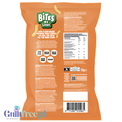 Bites We Love Protein Puffs Cheese - wegańskiechrupki z soczewicy o smaku serowym 21g białka