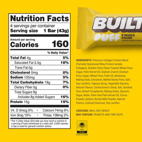 Built Bar Protein Puff S'Mores Chunk - protein marshmallow bar in chocolate 15g protein 160kcal