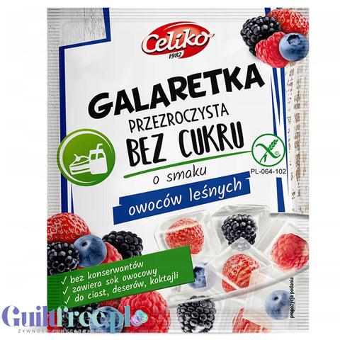 Celiko Owoce Leśne - krystaliczna bezbarwna galaretka bez cukru i słodzików o smaku owocowym
