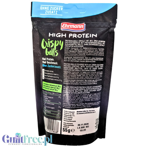 Ehrmann High Protein Crispy Balls Pistachio - chrupkie kuleczki proteinowe bez cukru o smaku pistacjowym