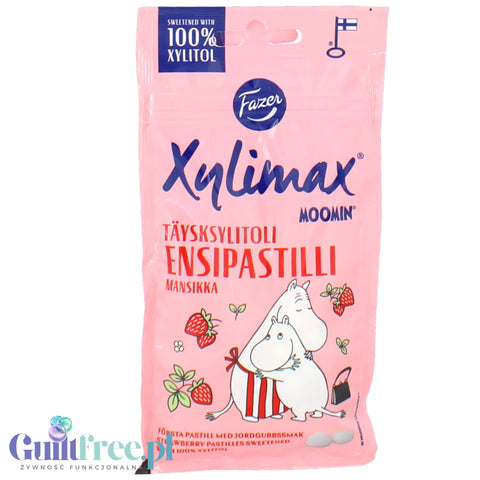 Fazer Xylimax Moomin Pastille Strawberry - pastylki pudrowe bez cukru z 95% ksylitolem