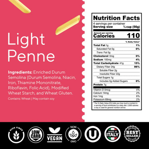 Fiber Gourmet Light Penne - high-fiber, low-carb pasta with 48% fewer calories, penne shape