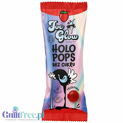 Joe Glow Holopops Truskawka - lizak kulka bez cukru z witaminami słodzony erytrolem