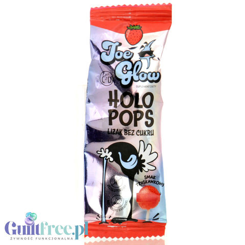 Joe Glow Holopops Truskawka - lizak kulka bez cukru z witaminami słodzony erytrolem