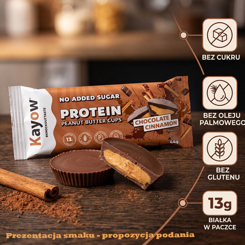 Kayow KETO Protein Peanut Butter Cups Chocolate Cinnamon - proteinowe miseczki z masłem orzechowym i mleczną czekoladą bez cukru