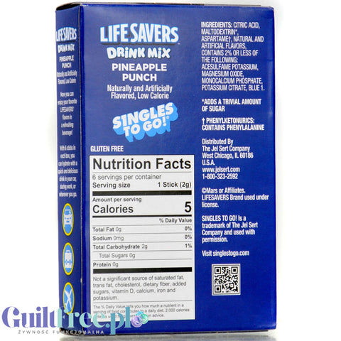 Life Savers Singles to Go Pineapple Punch - saszetki smakowe do wody bez cukru i kcal, smak Poncz Ananasowy