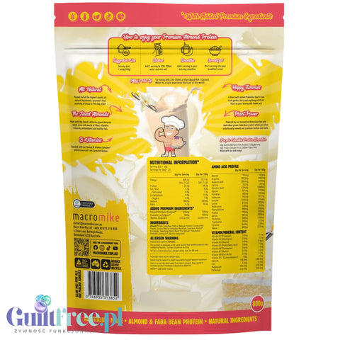 Macro Mike Almond Plant Protein, Vanilla Buttercream, 800g - wegańska migdałowa odżywka białkowa bez glutenu, mleka i sukralozy
