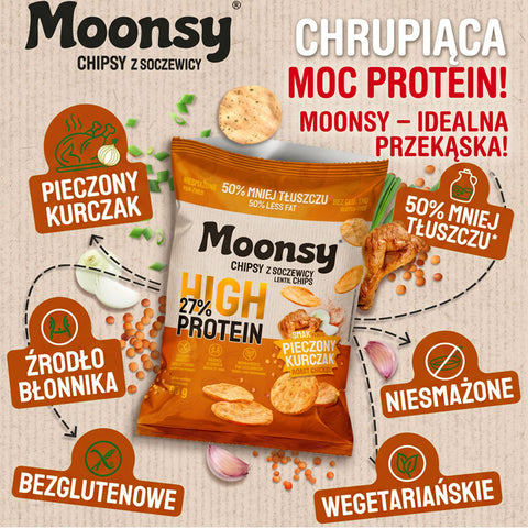 Moonsy High Protein 27%, Pieczony Kurczak - cieniutkie chipsy z soczewicy 50% mniej tłuszczu