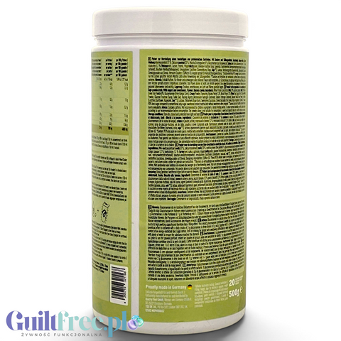 Opakowanie Guiltfree More Nutrition Protein Iced Matcha Latte Creamy Banana 500g z informacjami o składzie i wartościach