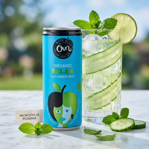 Oun Organic Relax Cucumber-Mint drink - wegański napój gazowany z sokiem ogórkowym, jabkowym i miętą