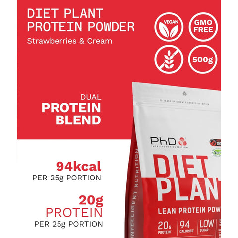 PhD Diet Plant Lean Protein Strawberries & Cream 500g - vegan protein supplement, Strawberries & Cream, fat burning formula