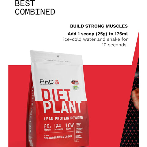 PhD Diet Plant Lean Protein Strawberries & Cream 500g - vegan protein supplement, Strawberries & Cream, fat burning formula