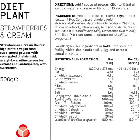 PhD Diet Plant Lean Protein Strawberries & Cream 500g - vegan protein supplement, Strawberries & Cream, fat burning formula
