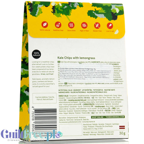 The Beginnings Dried Kale & Lemongrass Chips - surowe niesolone chipsy z jarmużu z trawą cytrynową