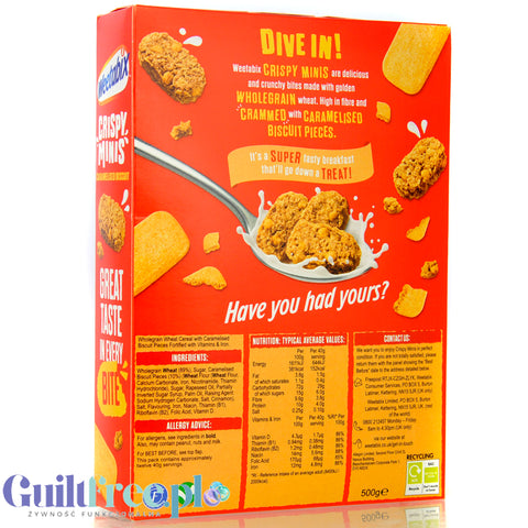 Weetabix Crispy Minis Caramelised Biscuit - pełnoziarniste płatki z ciasteczkami, z żelazem i witaminami