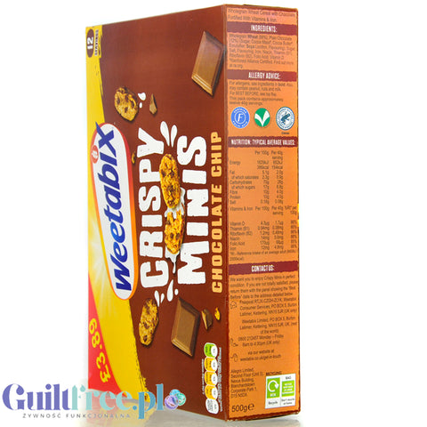 Weetabix Crispy Minis Chocolate Chip - pełnoziarniste płatki śniadaniowe z witaminami i żelazem