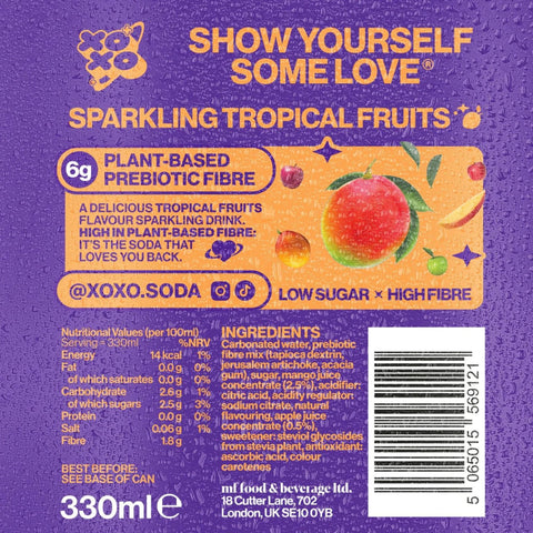 XO Soda High Fibre Tropical Fruits - funkcjonalny napój z błonnikiem i stewią