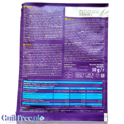 Guiltfree 6Pak Nutrition Whey 80 Cookies protein powder sachet with nutritional information and ingredients list