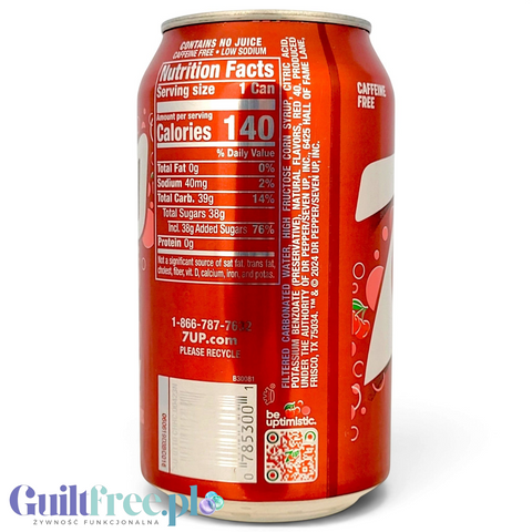 Puszka napoju Guiltfree 7UP Cherry 355ml z widoczną tabelą wartości odżywczych i informacją o braku kofeiny
