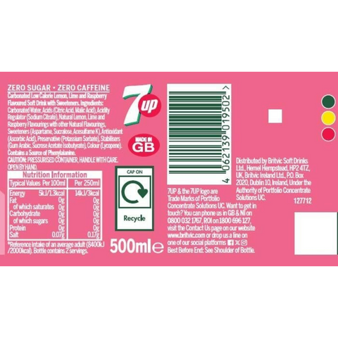Guiltfree 7up Pink Lemonade Zero Sugar w różowej butelce 500ml z informacjami o składzie i wartościach odżywczych