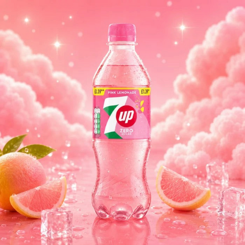Butelka Guiltfree 7up Pink Lemonade Zero Sugar w otoczeniu różowych chmur, plasterków grejpfruta i kostek lodu.