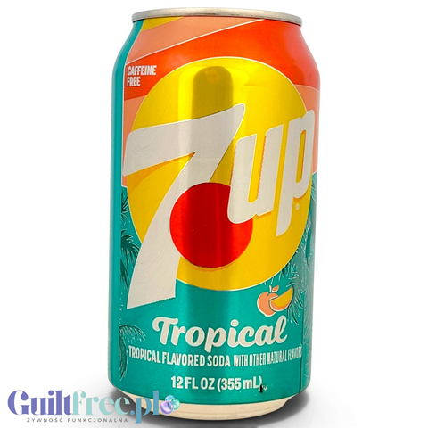 Puszka napoju Guiltfree 7UP Tropical 355ml z amerykańskiej edycji o egzotycznym smaku owoców tropikalnych