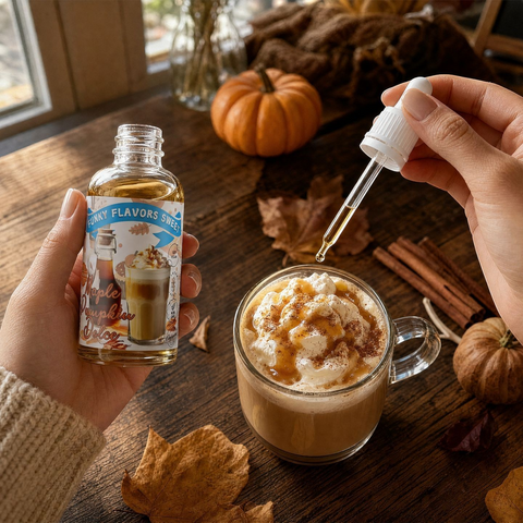 Guiltfree aromat Funky Flavors Sweet Maple Pumpkin Dolce dodawany kroplomierzem do kawy latte w jesiennej scenerii