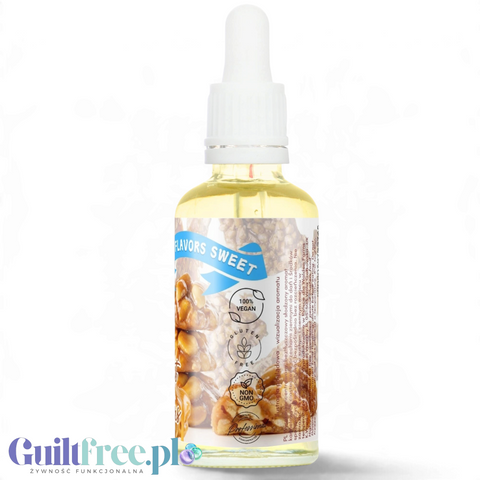 Butelka aromatu Guiltfree Funky Flavors Sweet Peanut Clusters z pipetą, etykieta z grafiką orzeszków w karmelu.