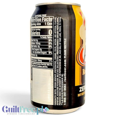 Puszka napoju Guiltfree A&W Root Beer Float Zero Sugar o pojemności 355 ml z informacjami o wartościach odżywczych.