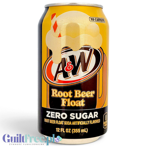 Puszka napoju Guiltfree A&W Root Beer Float Zero Sugar o smaku waniliowo-korzennym bez cukru i kofeiny.