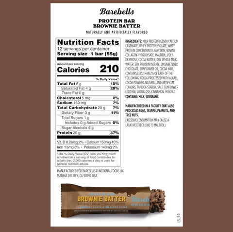 Guiltfree baton proteinowy Barebells Brownie Batter z widoczną tabelą wartości odżywczych i opakowaniem produktu