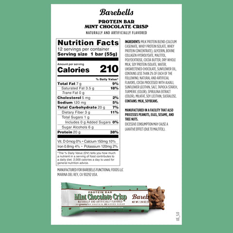 Guiltfree Barebells Mint Chocolate Crisp baton proteinowy z informacją o wartościach odżywczych na opakowaniu