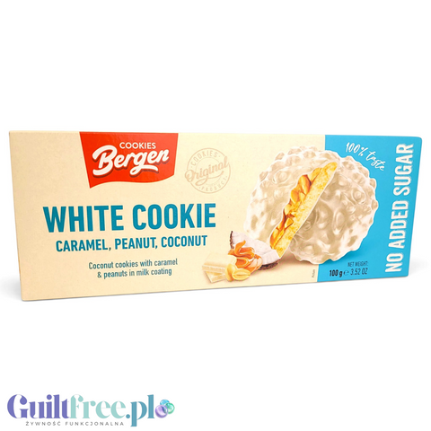 Bergen White Cookie Caramel, Peanut & Coconut - kruche ciasteczka bez cukru z karmelem, orzechami i kokosem z białą polewą by Bergen Diet (bergen-white-cookie-caramel-peanut-coconut-kruche-ciasteczka-bez-cukru-z-karmelem-orzechami-i-kokosem-z-biala-polewa)