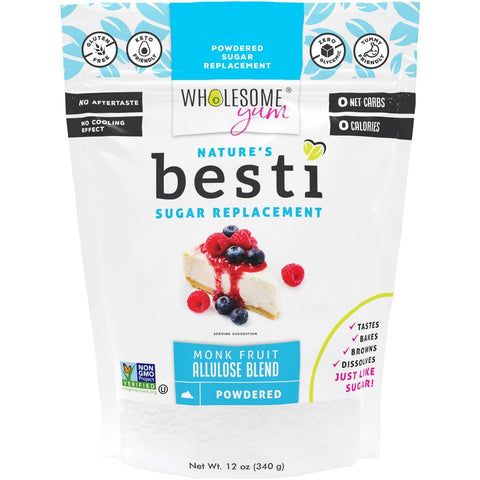 Guiltfree Wholesome Yum Besti słodzik aluloza w proszku 340g, keto zamiennik cukru pudru w białym opakowaniu