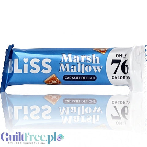 Batonik Guiltfree Bliss MarshMallow Caramel Delight w niebieskim opakowaniu, 76 kcal, z nadzieniem nugatowo-karmelowym.
