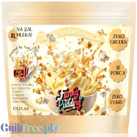 Opakowanie budyniu bez cukru Guiltfree Funky Pudding o smaku słodko-słonego popcornu z grafiką kremowego deseru
