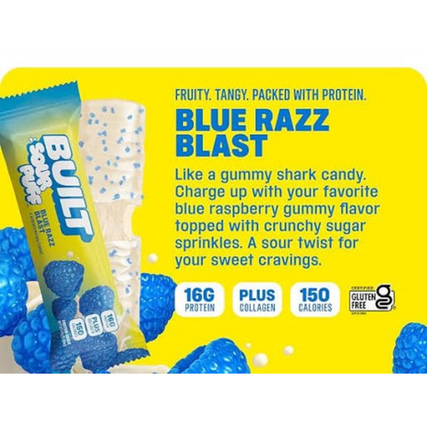 Guiltfree Built Bar Sour Puff Blue Razz Blast baton proteinowy o smaku malinowym z posypką cukrową