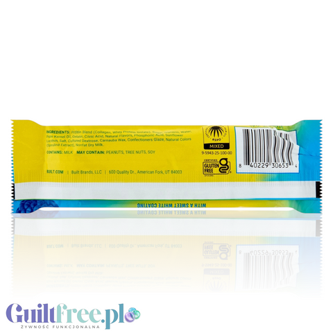 Tył opakowania batona proteinowego Guiltfree Built Bar Sour Puff Blue Razz Blast z listą składników i kodem kreskowym