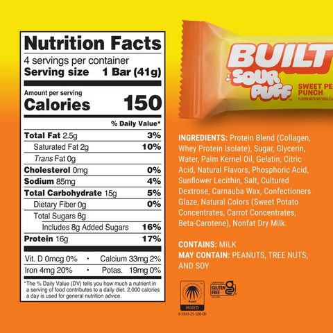 Etykieta wartości odżywczych batona proteinowego Guiltfree Built Sour Puff Sweet Peach Punch z informacją o składzie