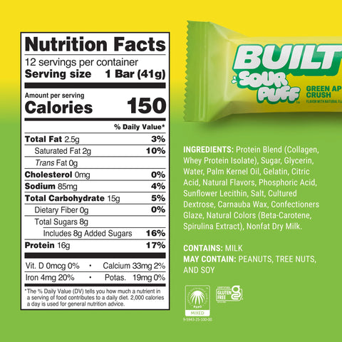 Guiltfree baton białkowy Built Sour Puff Green Apple Crush z tabelą wartości odżywczych i składem na zielonym tle