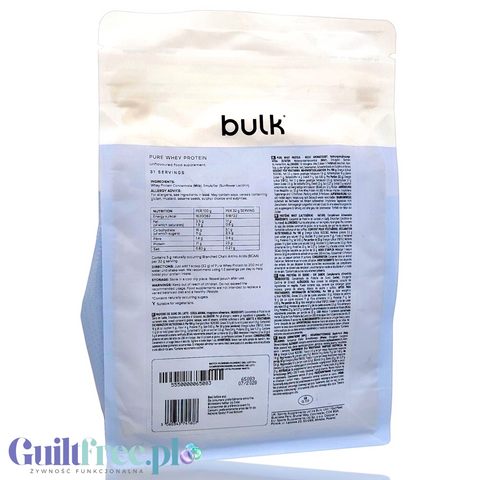 Opakowanie Guiltfree Bulk Pure Whey Protein 1kg, bezsmakowy koncentrat białka serwatkowego z etykietą informacyjną.