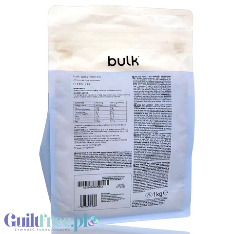 Opakowanie Guiltfree Bulk Pure Whey Protein Unflavoured 1kg, bezsmakowy koncentrat białka serwatkowego w proszku.