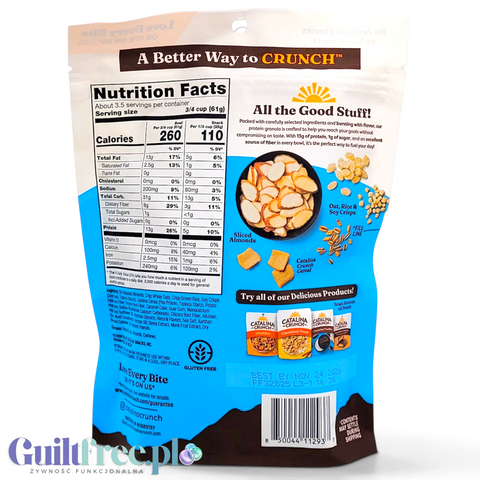 Tylna strona opakowania Guiltfree Catalina Crunch Protein Granola Vanilla Almond z tabelą wartości odżywczych