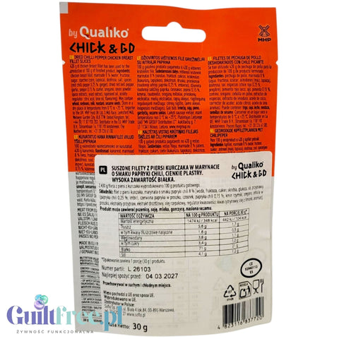 Guiltfree Chick & Go Chilli suszony kurczak z papryką w opakowaniu 30g, widok tyłu z informacjami o składzie i wartościach
