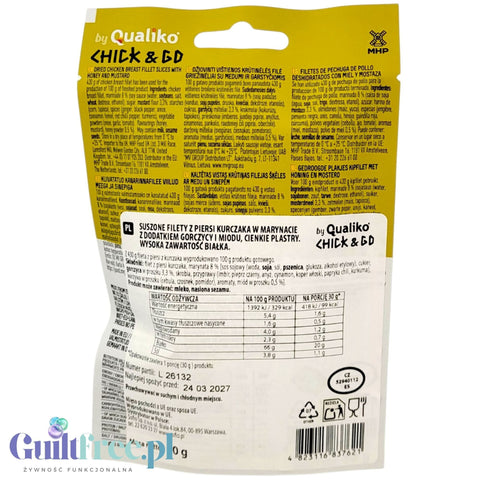 Opakowanie suszonego kurczaka jerky Chick & Go Honey & Mustard marki Guiltfree z tabelą wartości odżywczych