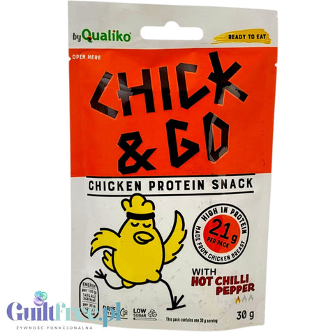 Guiltfree Chick & Go suszony kurczak z ostrą papryką w opakowaniu 30g, wysokobiałkowa przekąska typu jerky